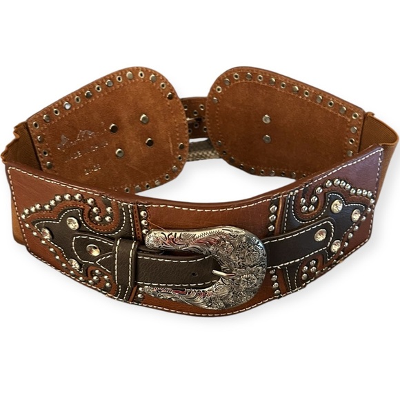 Montana West double buckle Brown Leather Belt with Silver Buckle - Picture 3 of 13